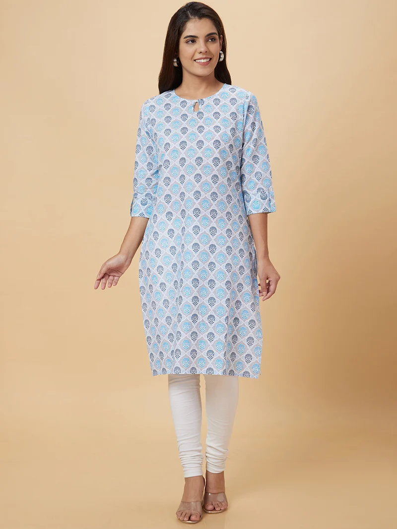 globus Women Floral Printed Keyhole Neck Kurta