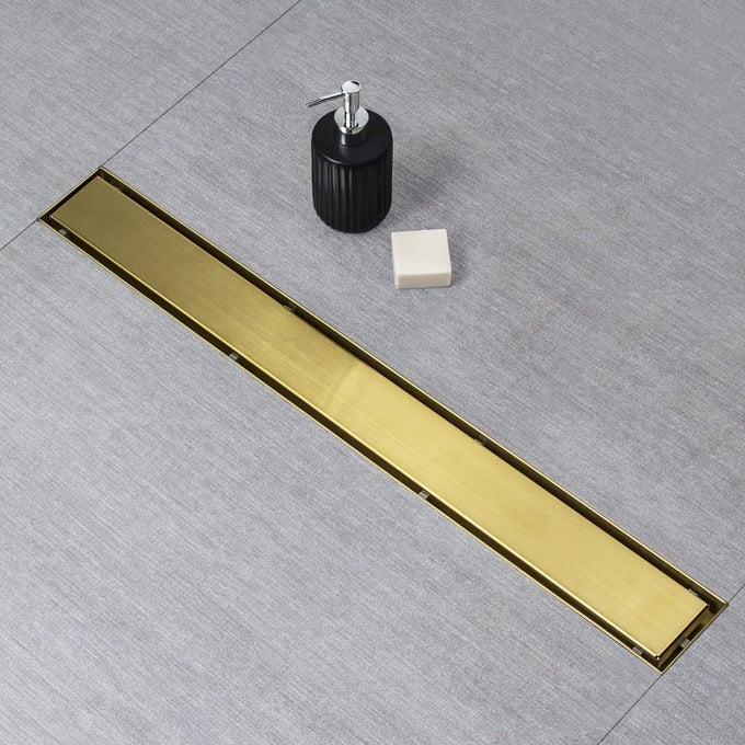 LINEAR SHOWER DRAIN GOLD SHOWER DRAIN 18 INCH WITH INVISIBLE 2 IN 1 TILE INSERT PANEL 304 STAINLESS STEEL BRUSHED GOLD SHOWER DRAIN WITH HAIR STRAINER AND LEVELING FEET