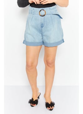 Women Washed Belted Denim Short, Blue