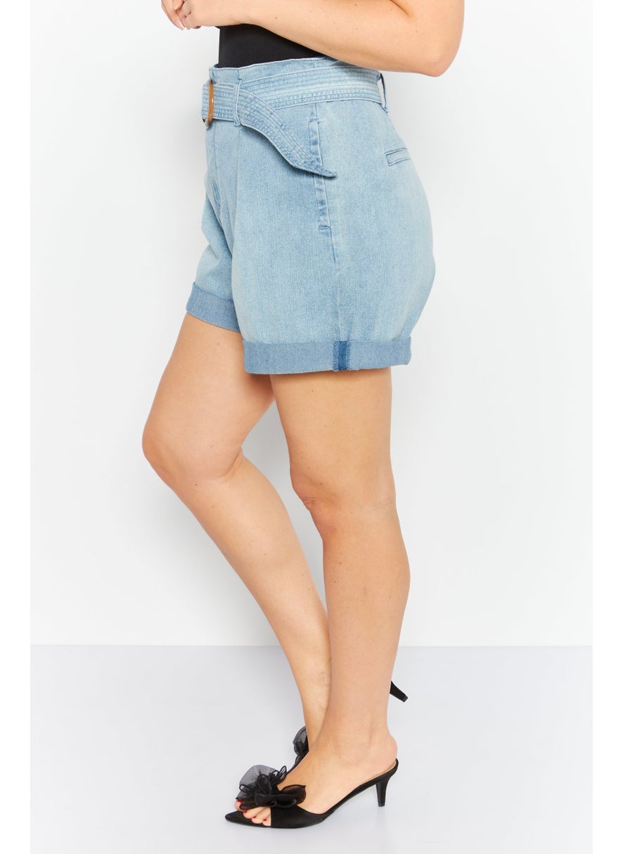 Gloria Vanderbilt - Women Washed Belted Denim Short, Blue - Image 1