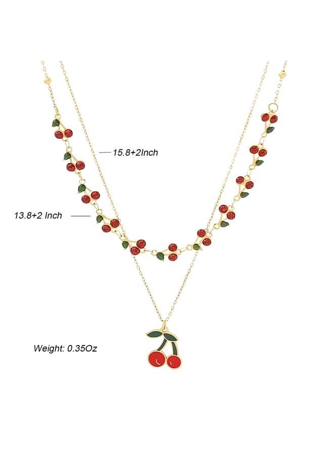 Jojomina Cute Cherry Necklace for Women 2PCs 14K Gold Plated Layered Dainty Pendant Summer Fruit Jewelry Accessories - Image 5