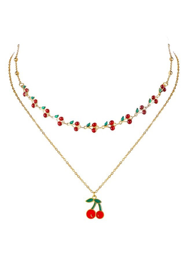Jojomina Cute Cherry Necklace for Women 2PCs 14K Gold Plated Layered Dainty Pendant Summer Fruit Jewelry Accessories - Image 1
