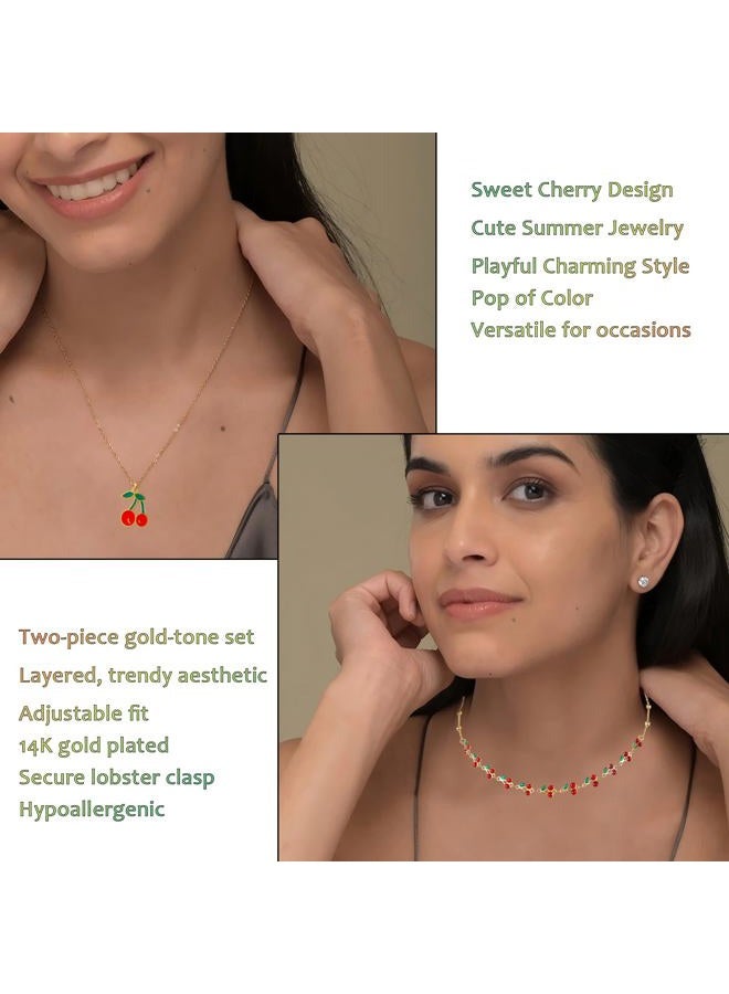 Jojomina Cute Cherry Necklace for Women 2PCs 14K Gold Plated Layered Dainty Pendant Summer Fruit Jewelry Accessories - Image 4