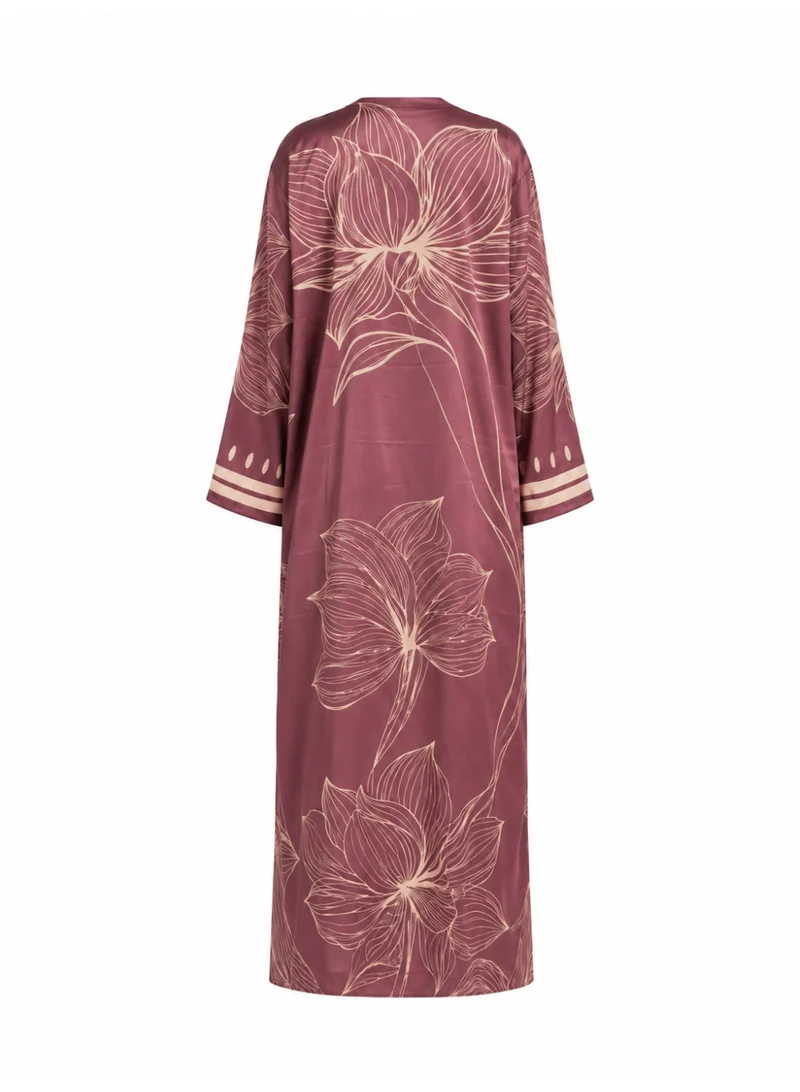 Amnad International Mauve Silk Abaya Set | Floral Line Art Print with Vertical Stripe Detail & Matching Chiffon Hijab | Sizes 52–60