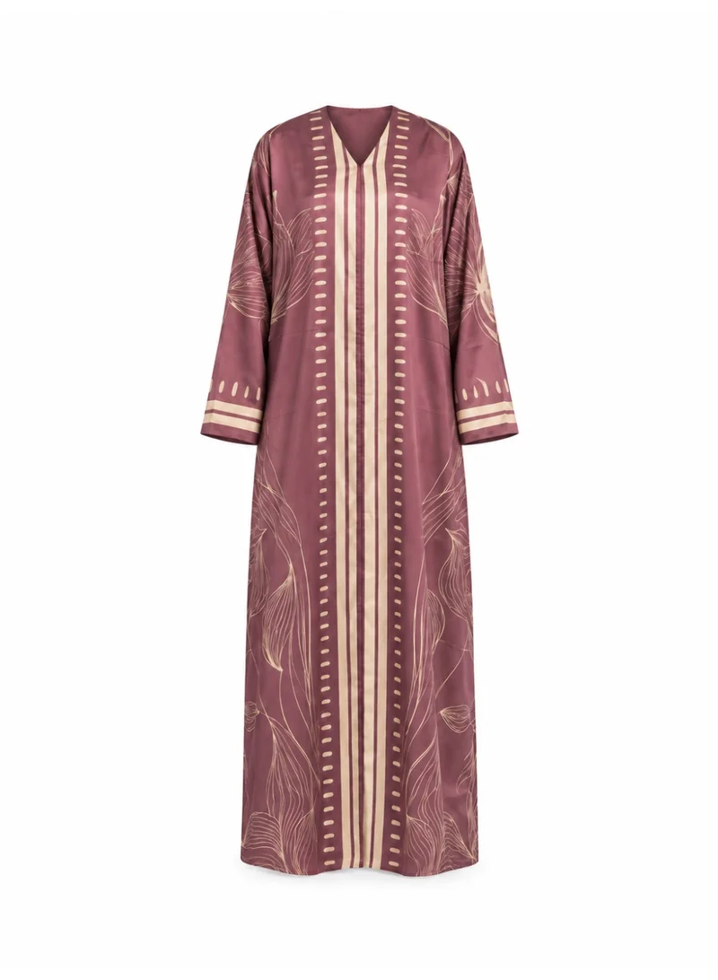 Amnad International Mauve Silk Abaya Set | Floral Line Art Print with Vertical Stripe Detail & Matching Chiffon Hijab | Sizes 52–60