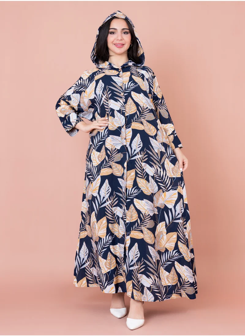 IKKXA Floral Printed Hoodie Jalabiya IN1030 Dark Blue