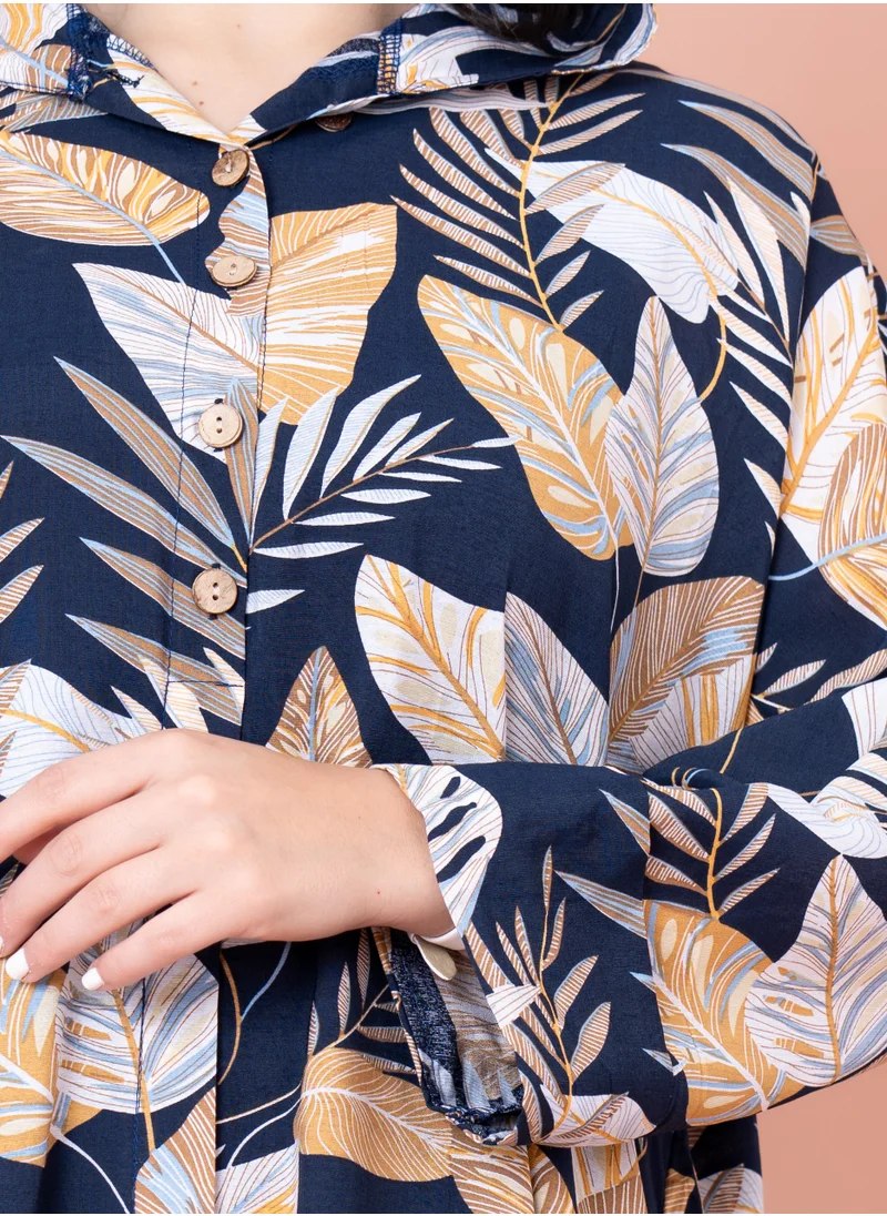 IKKXA Floral Printed Hoodie Jalabiya IN1030 Dark Blue