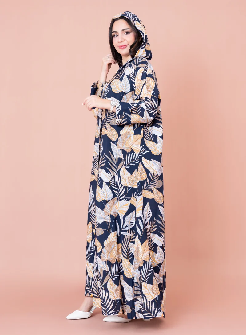 IKKXA Floral Printed Hoodie Jalabiya IN1030 Dark Blue