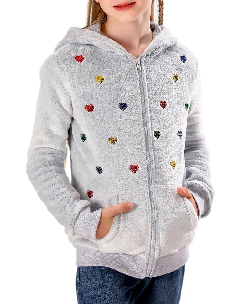 VGRIN Girl Zip up Hoodie Sweatshirt Soft Fuzzy Fleece Jacket with Pocket for Girls 516 YearsGray Hearts 1012