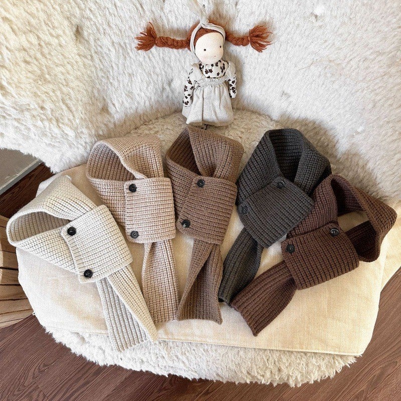 New Korean Style Kidsrens Scarf Autumn and Winter Style Versatile Male and Female Baby Scarf Button Korean Style Cross Pullover Scarf Beige  - Image 5