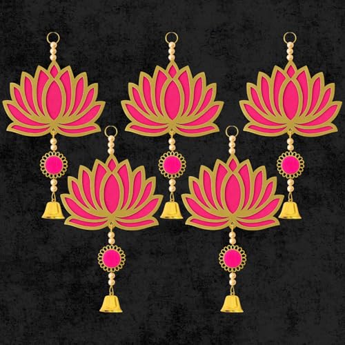 Panchhi Store Wall Hangings for Home Decoration Lotus Latkan Toran with Bells Diwali Dcor Items, Ganpati Decoration Items for Home Pooja Deocration Items for All Festivals Decore - Pink Pack of 5 - Image 1
