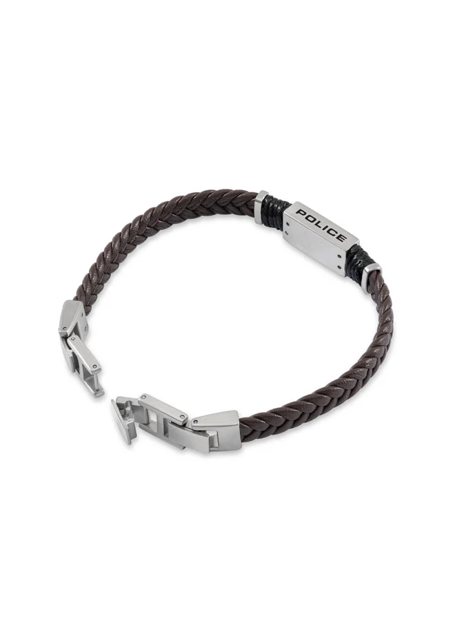 POLICE Ridgecord Brown Braided Flat Leather Bracelet for Men