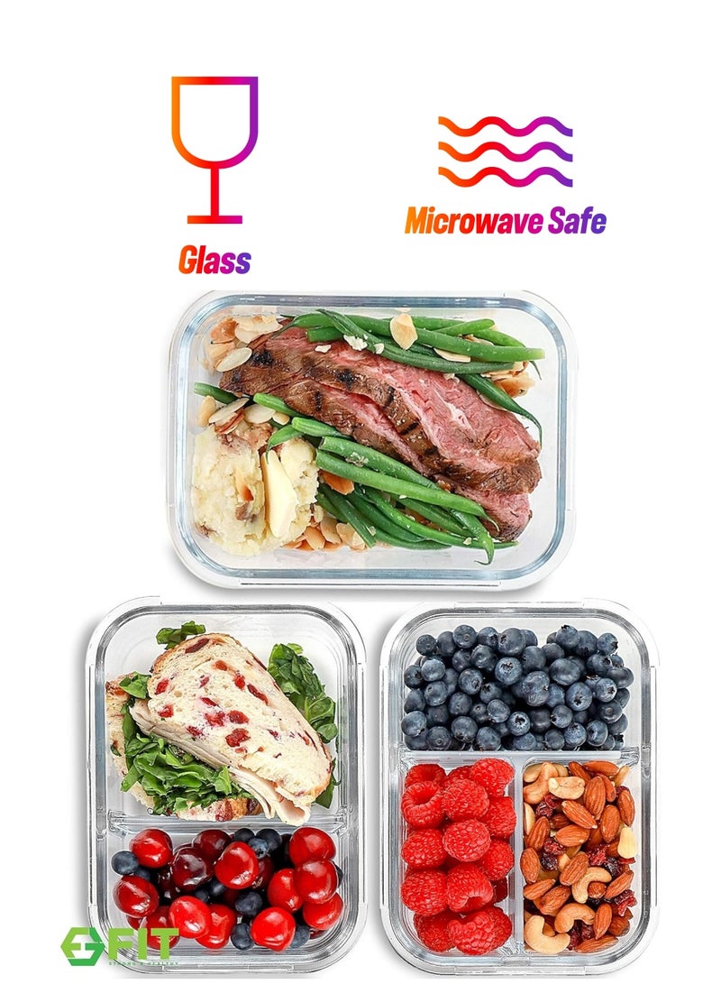 MASH 1 & 2 & 3 Compartment Glass Meal Prep Containers [3, 35 oz] - Glass Lunch Containers, Food Storage Containers with Lids, Food Prep Containers, Glass Bento Box for Kids & Adults, Bento Lunch Box - Image 1