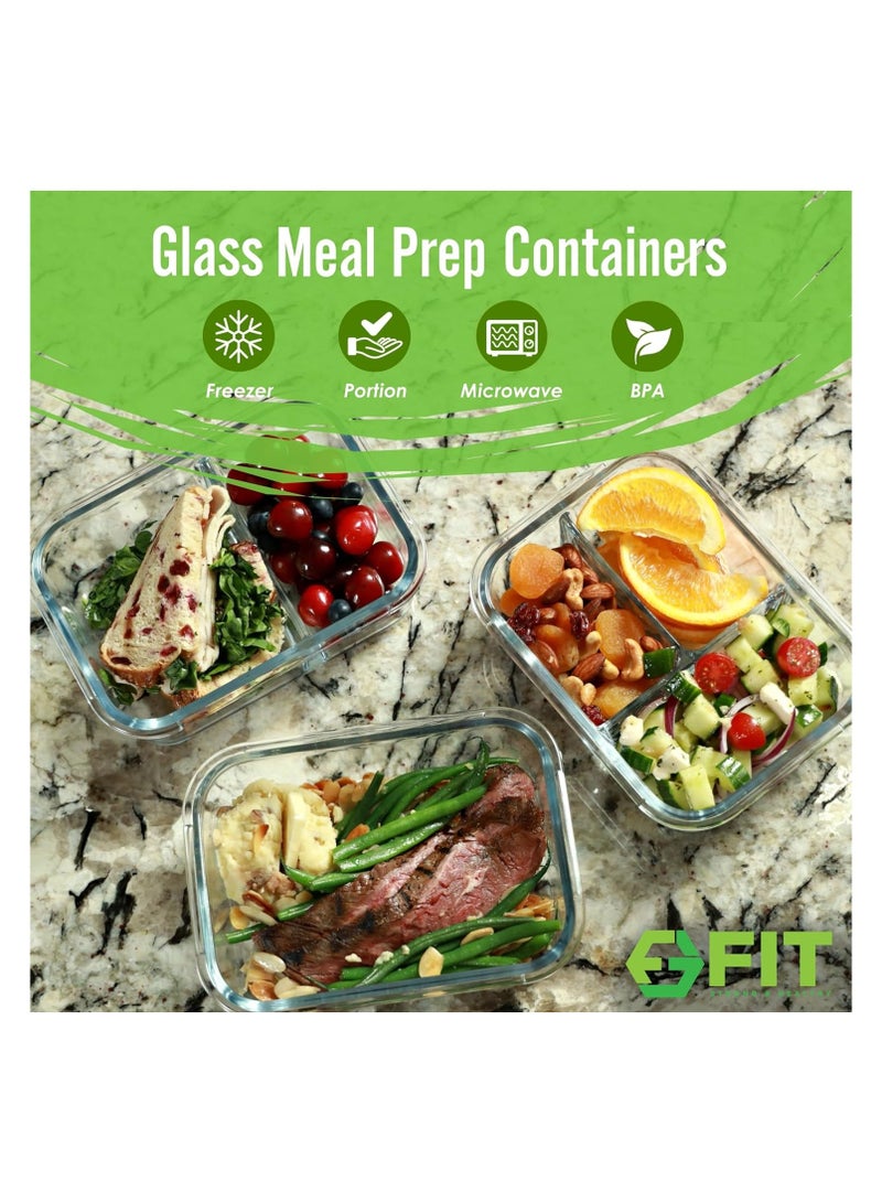MASH 1 & 2 & 3 Compartment Glass Meal Prep Containers [3, 35 oz] - Glass Lunch Containers, Food Storage Containers with Lids, Food Prep Containers, Glass Bento Box for Kids & Adults, Bento Lunch Box - Image 2