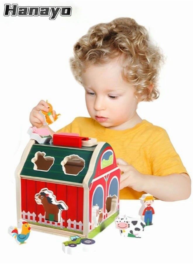 Hanayo Shape Sorter Toys Farm Animals Wooden Toy Barn Shape Sorter for Toddlers Take Along Sorting Farm Toys Playset Baby Early Learning Educational Montessori Toys for Girls & Boys(Red)  - Image 1