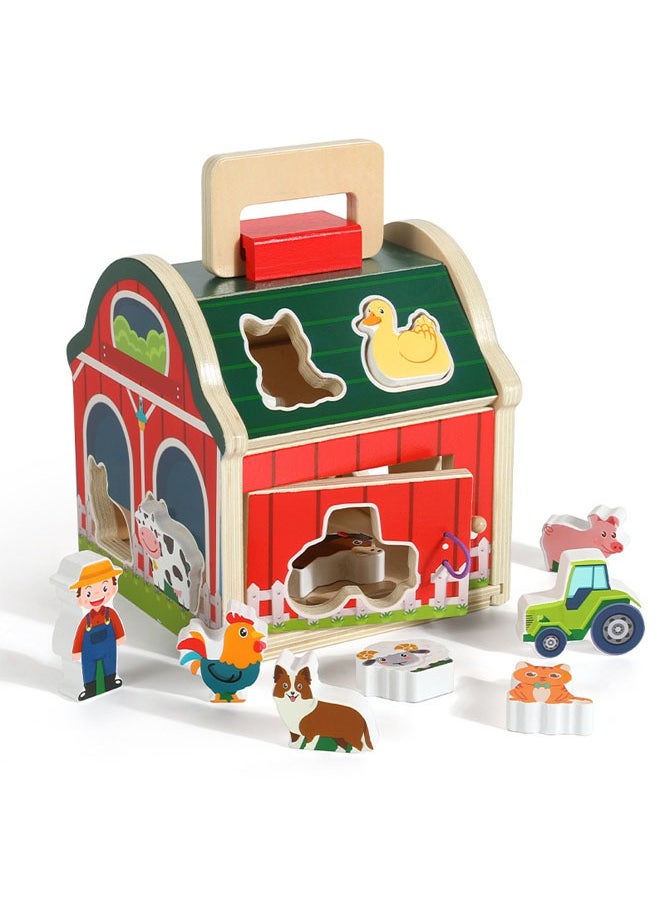 Hanayo Shape Sorter Toys Farm Animals Wooden Toy Barn Shape Sorter for Toddlers Take Along Sorting Farm Toys Playset Baby Early Learning Educational Montessori Toys for Girls & Boys(Red)  - Image 3