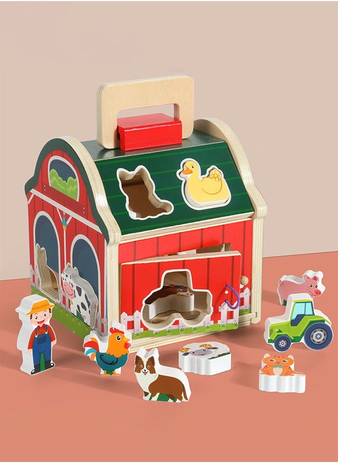 Hanayo Shape Sorter Toys Farm Animals Wooden Toy Barn Shape Sorter for Toddlers Take Along Sorting Farm Toys Playset Baby Early Learning Educational Montessori Toys for Girls & Boys(Red)  - Image 5