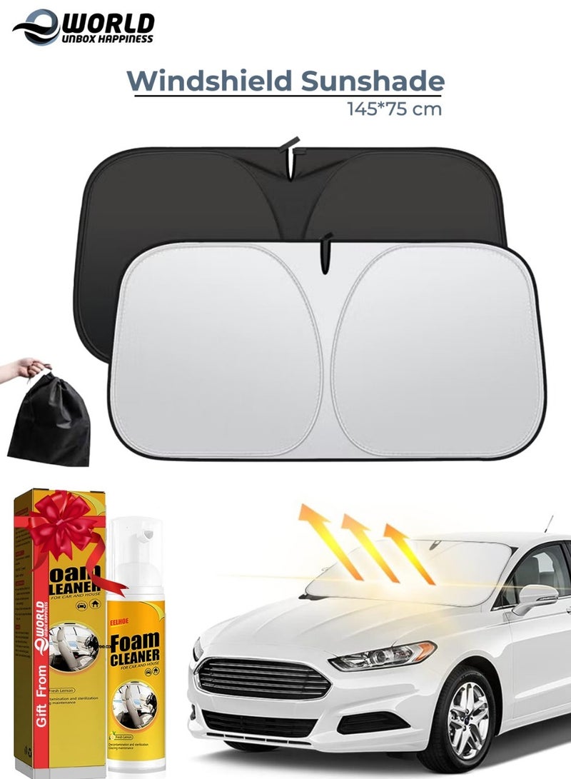 Eworld Foldable Windshield Sunshade – Front Window Visor Protector, 3-Layer 210T Material Blocks Heat & UV Rays, 145 × 75 cm with Foam Cleaner Gift - Image 1