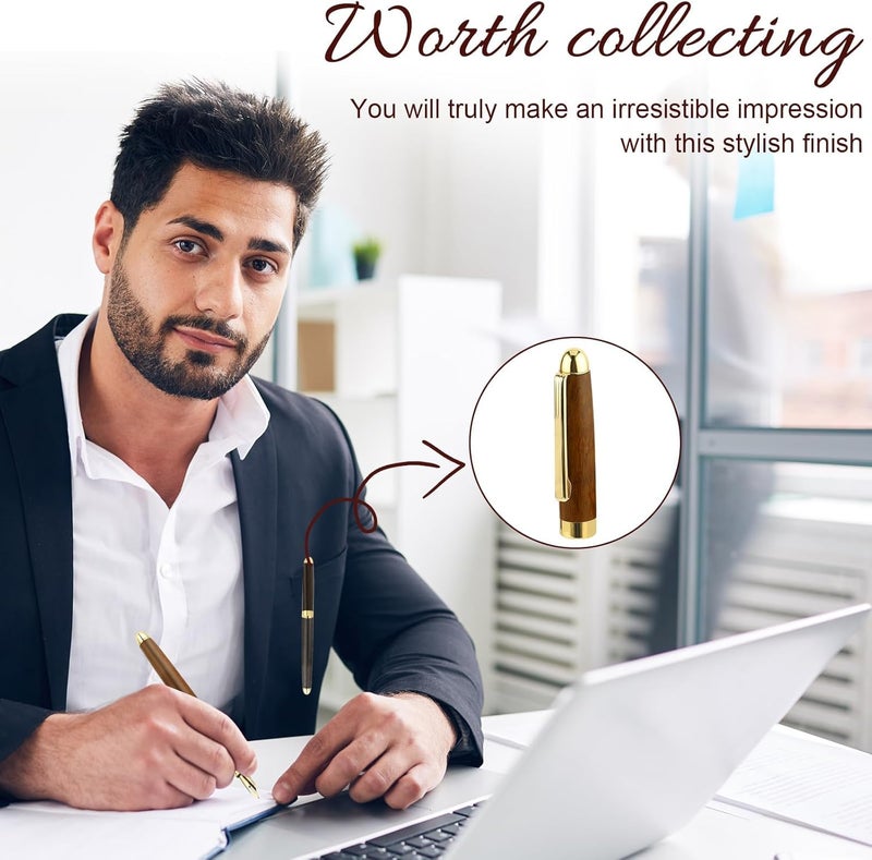 إكسفور مجموعة أقلام حبر جاف، مجموعة أقلام حبر جاف خشبية فاخرة عتيقة مع حواف نحاسية، قلم حبر جاف برأس 0.5 مم يأتي مع 12 خرطوشة حبر، أقلام حبر جاف لطيفة في صندوق هدايا أنيق للمكتب التنفيذي للطلاب وأعياد الميلاد - Image 2