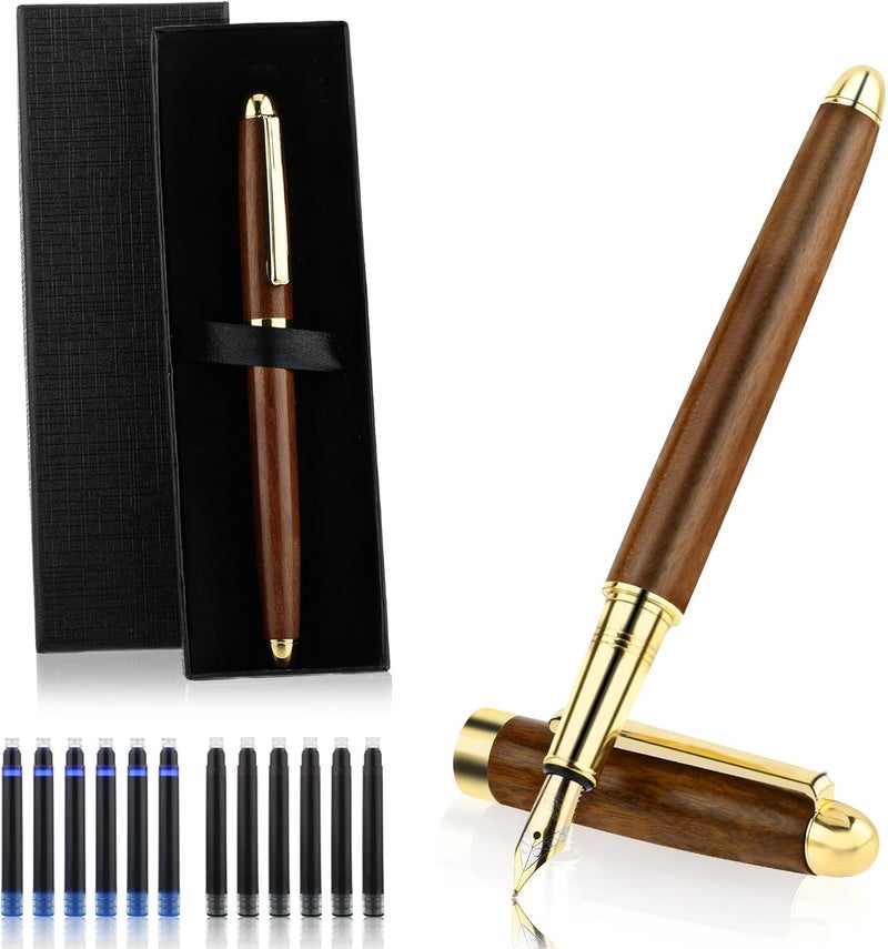 إكسفور مجموعة أقلام حبر جاف، مجموعة أقلام حبر جاف خشبية فاخرة عتيقة مع حواف نحاسية، قلم حبر جاف برأس 0.5 مم يأتي مع 12 خرطوشة حبر، أقلام حبر جاف لطيفة في صندوق هدايا أنيق للمكتب التنفيذي للطلاب وأعياد الميلاد - Image 1