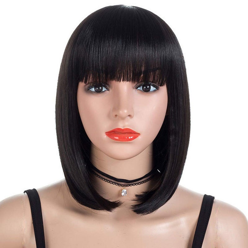 morvally Short Straight Bob Wig Heat Resistant Hair with Blunt Bangs Natural Looking Cosplay Costume Daily Wigs 12 Natural Black