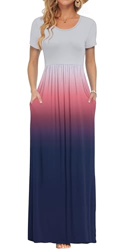 AUSELILY Floral Maxi Dress for Women Summer Casual Short Sleeve Crewneck Empire Waist Long Flower Dresses with Pockets 2026 Pink Purple Grey S - Image 1