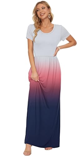 AUSELILY Floral Maxi Dress for Women Summer Casual Short Sleeve Crewneck Empire Waist Long Flower Dresses with Pockets 2026 Pink Purple Grey S - Image 4