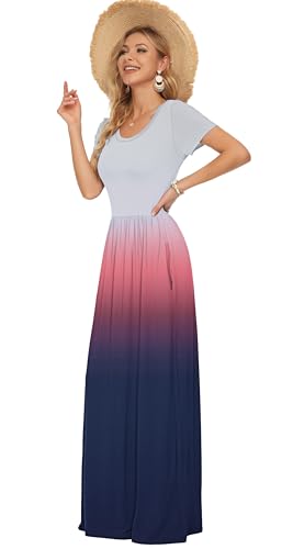 AUSELILY Floral Maxi Dress for Women Summer Casual Short Sleeve Crewneck Empire Waist Long Flower Dresses with Pockets 2026 Pink Purple Grey S - Image 3