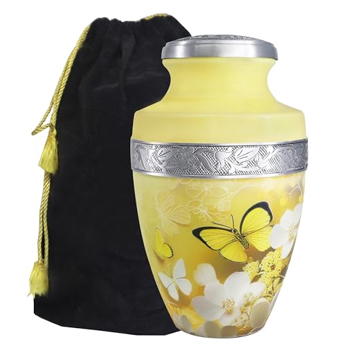 M MEILINXU Urn for Ashes for Woman & Man, Cremation Urns for Human Ashes Adult Female or Male, Burial Urn with Butterflies, Decorative Urns for Funeral, Yellow Butterfly and Flowers - Large - Image 2