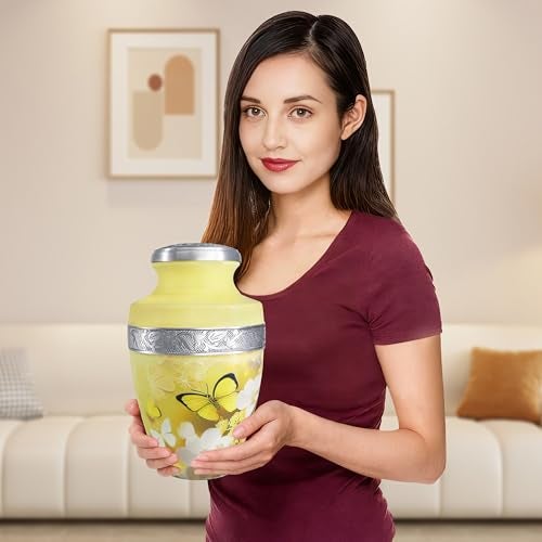 M MEILINXU Urn for Ashes for Woman & Man, Cremation Urns for Human Ashes Adult Female or Male, Burial Urn with Butterflies, Decorative Urns for Funeral, Yellow Butterfly and Flowers - Large - Image 5