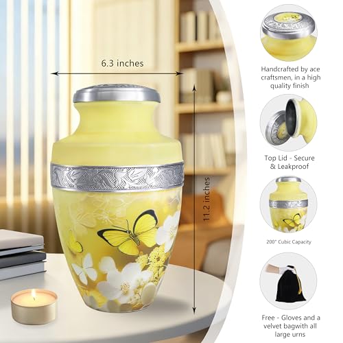 M MEILINXU Urn for Ashes for Woman & Man, Cremation Urns for Human Ashes Adult Female or Male, Burial Urn with Butterflies, Decorative Urns for Funeral, Yellow Butterfly and Flowers - Large - Image 3