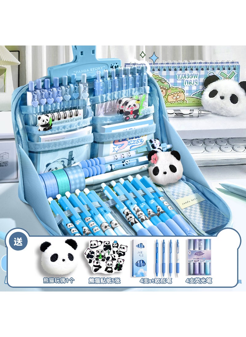 Generic - 12-layer Panda Green Pencil Case 2024 New Super Large Capacity High Color Value Stationery Case for Junior High School Students[Panda Set] Blue Sticker Brooch European Package Pen Highlighter [Panda Set] Blue Sticker Brooch European Package Pen Highlighter - Image 1