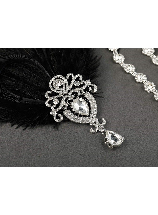 SWEETV 1920s Feather Headpiece Black, Womens Ostrich Feather Crystal Headband, Great Gatsby Hair Accessories for Women, Ribbon Tie - Image 2