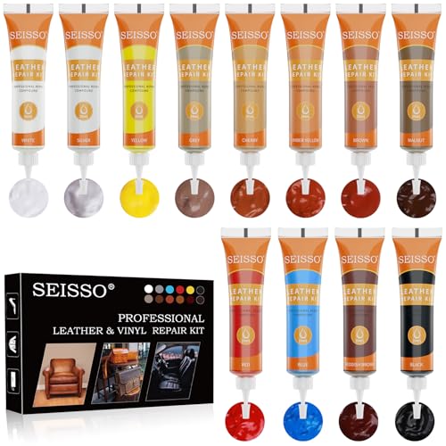 SEISSO 12 Colors Leather Repair Kit - for Furniture Car Seats Couches Sofa Shoes Boat, Leather Dye Restore Scratches Tears Holes, Purses Jacket Leather Paint, Vinyl Repair Kit Bonded Leather Genuine Italian… - Image 1
