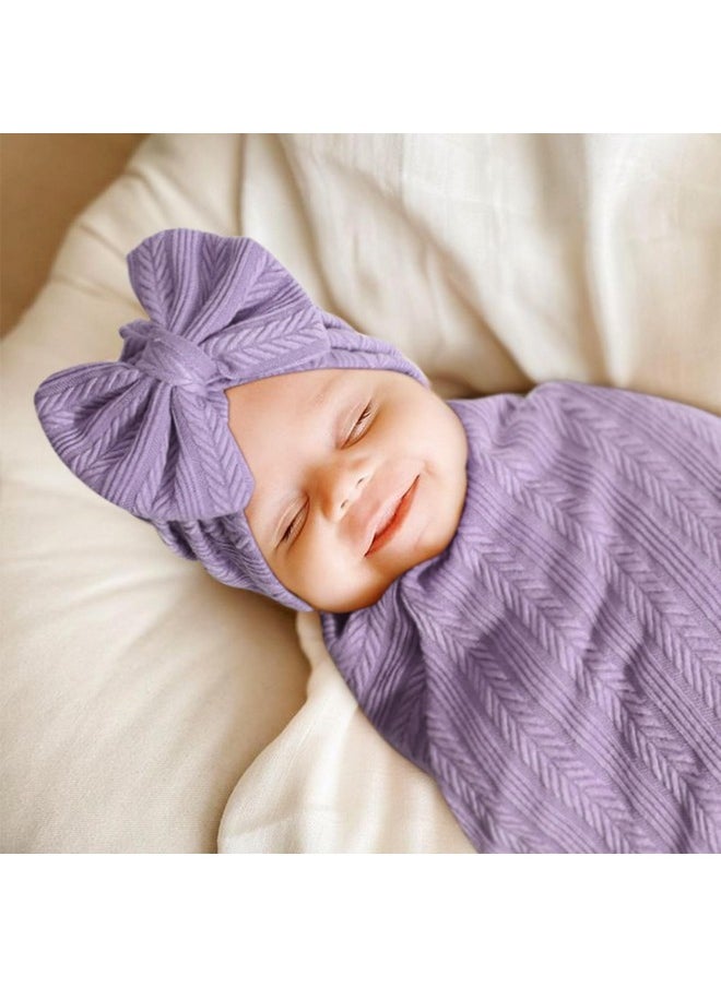 DRESHOW Bqubo Baby Swaddle Blankets For Girls, 4Pcs Newborn Accessories Set With Matching Hat And Bow Headband With Hello World Wooden Birth Announcement Card, Baby Blankets For Girls (Purple)  - Image 1