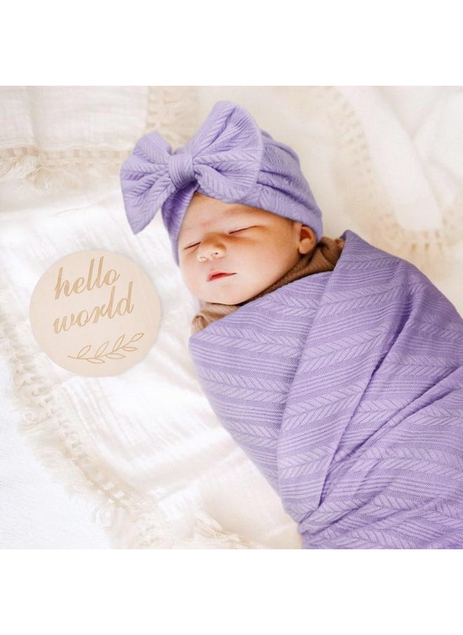DRESHOW Bqubo Baby Swaddle Blankets For Girls, 4Pcs Newborn Accessories Set With Matching Hat And Bow Headband With Hello World Wooden Birth Announcement Card, Baby Blankets For Girls (Purple)  - Image 2