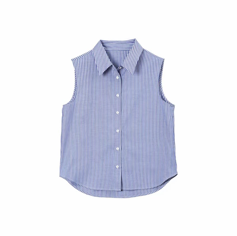 Official [Four Seasons Stacking] Autumn and Winter New Versatile Striped Sleeveless Shirt Stacked Vest Lapel Shirt Slimming - Image 2