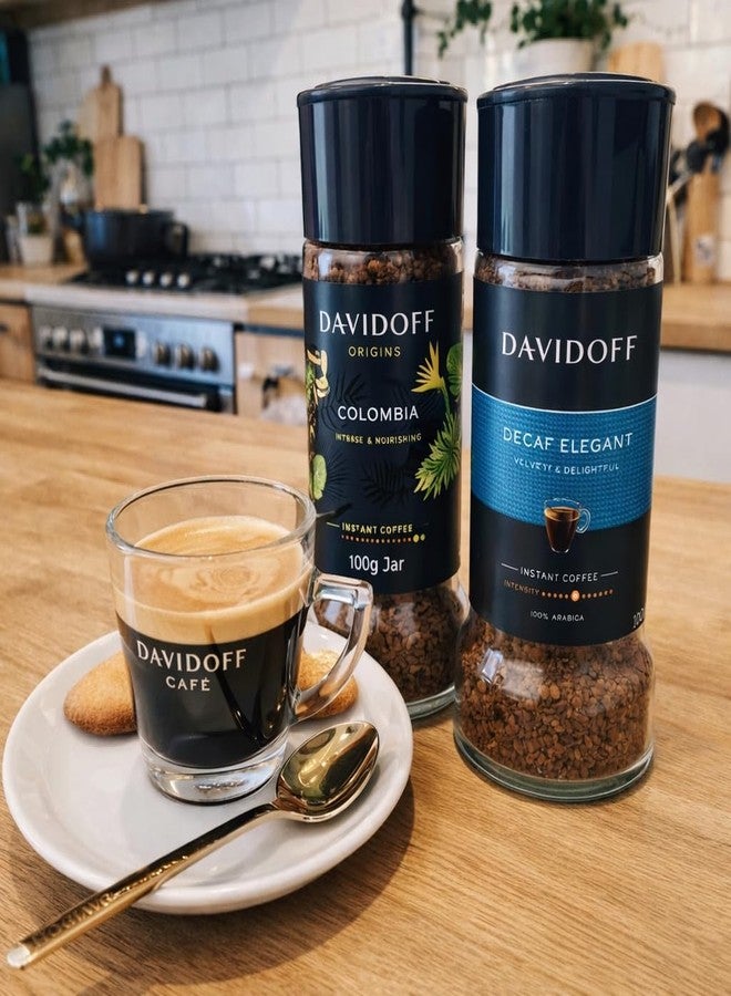 Davidoff Decaf Elegent & Colombia Instant Coffee Combo Pack (2x 100g) Glass Bottle Jar By COUGAR | Intense & Nourishing Flavor Profile | Premium 100% Arabica Colombian Coffee | Smooth Medium Roast Coffee for Home & Office - (IMPORTED) - Image 3