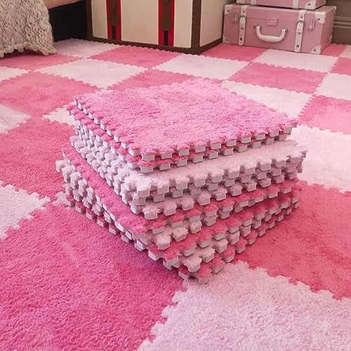 Typutomi 12pcs Plush Puzzle Foam Floor Mat Soft Thicken Fluffy Interlocking Square Foam Tiles Area Rugs Carpet for Parlor Bedroom Decoration118x118x055inRose RedPink - Image 1
