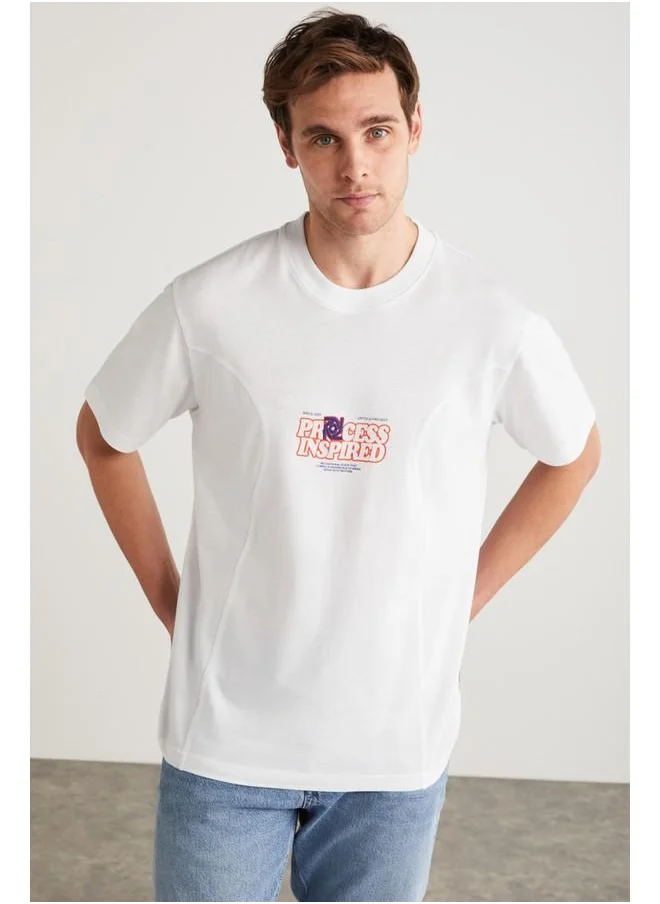 GRIMELANGE Grimelange Manuel Men's Cotton Printed and Embroidered Detail Crew Neck Short Sleeve White T-Shirt