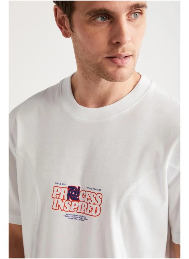 GRIMELANGE Grimelange Manuel Men's Cotton Printed and Embroidered Detail Crew Neck Short Sleeve White T-Shirt