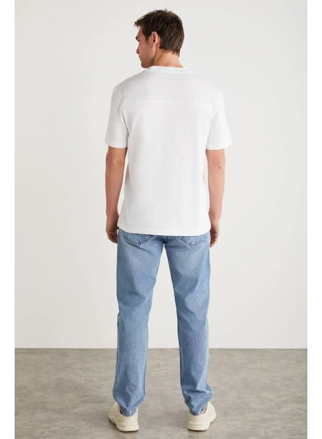 GRIMELANGE Grimelange Manuel Men's Cotton Printed and Embroidered Detail Crew Neck Short Sleeve White T-Shirt