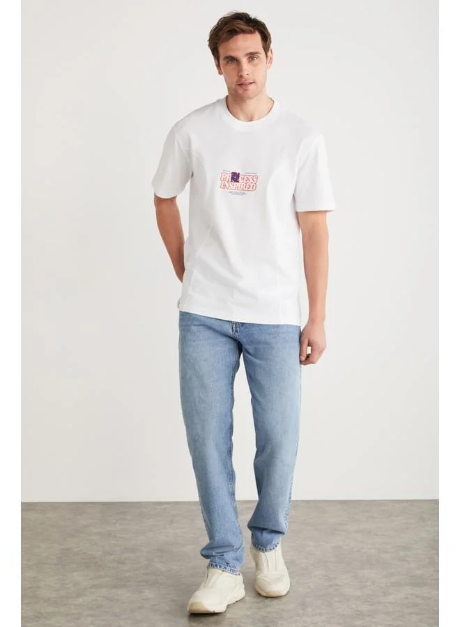 GRIMELANGE Grimelange Manuel Men's Cotton Printed and Embroidered Detail Crew Neck Short Sleeve White T-Shirt