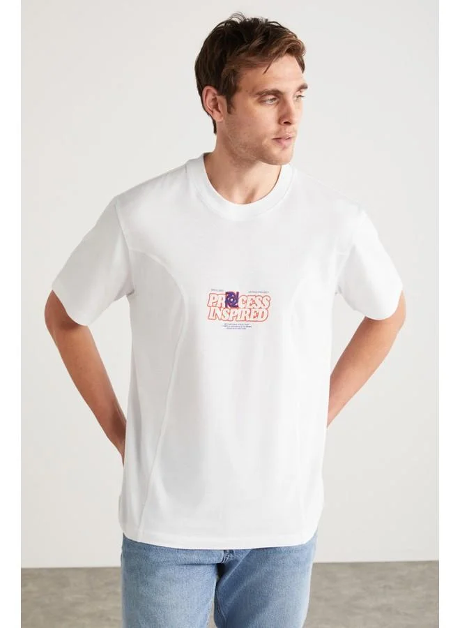 GRIMELANGE Grimelange Manuel Men's Cotton Printed and Embroidered Detail Crew Neck Short Sleeve White T-Shirt