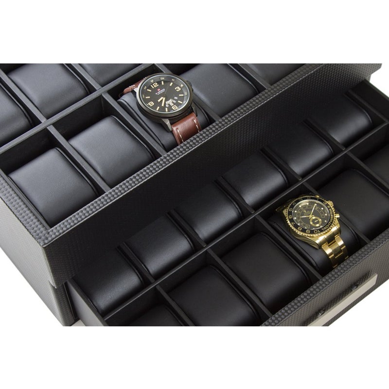 Glenor Co Watch Box for Men - 24 Slot Luxury Display Case Organizer, Carbon Fiber Design -Metal Buckle for Mens Jewelry Watches, Men's Storage Holder w Large Glass Top, Drawer & Leather Pillows- Black - Image 5