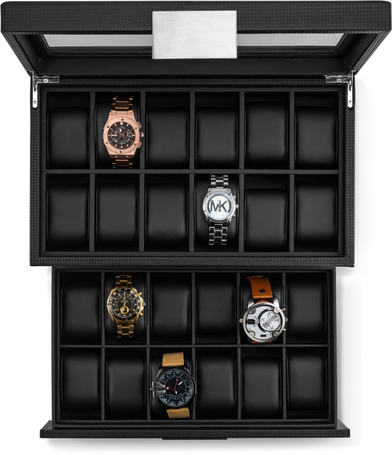 Glenor Co Watch Box for Men - 24 Slot Luxury Display Case Organizer, Carbon Fiber Design -Metal Buckle for Mens Jewelry Watches, Men's Storage Holder w Large Glass Top, Drawer & Leather Pillows- Black - Image 3