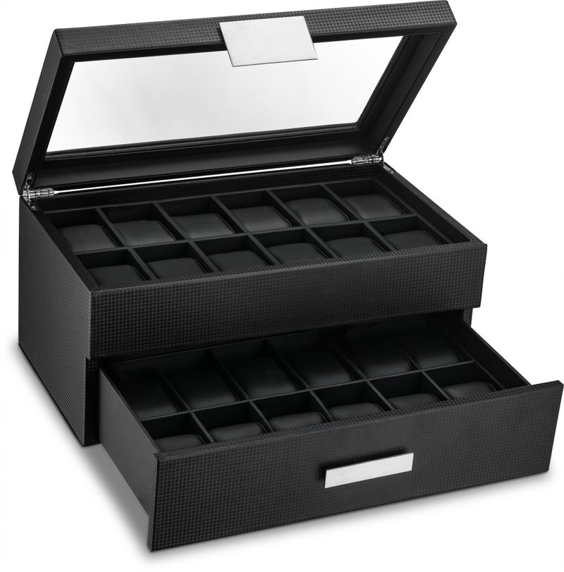 Glenor Co Watch Box for Men - 24 Slot Luxury Display Case Organizer, Carbon Fiber Design -Metal Buckle for Mens Jewelry Watches, Men's Storage Holder w Large Glass Top, Drawer & Leather Pillows- Black - Image 1