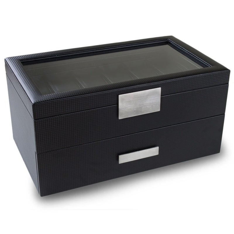 Glenor Co Watch Box for Men - 24 Slot Luxury Display Case Organizer, Carbon Fiber Design -Metal Buckle for Mens Jewelry Watches, Men's Storage Holder w Large Glass Top, Drawer & Leather Pillows- Black - Image 4