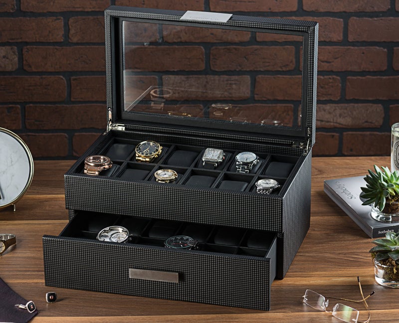 Glenor Co Watch Box for Men - 24 Slot Luxury Display Case Organizer, Carbon Fiber Design -Metal Buckle for Mens Jewelry Watches, Men's Storage Holder w Large Glass Top, Drawer & Leather Pillows- Black - Image 2
