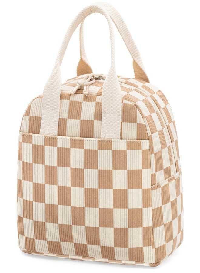 LOVELYWIND Insulated Brown checkered Lunch Bag for Women, Corduroy Tote with Aluminum Lining, Large Capacity Reusable Cooler for Work, Travel, Beach or Picnic, Checkered Water-Resistant Lunch Box - Image 1